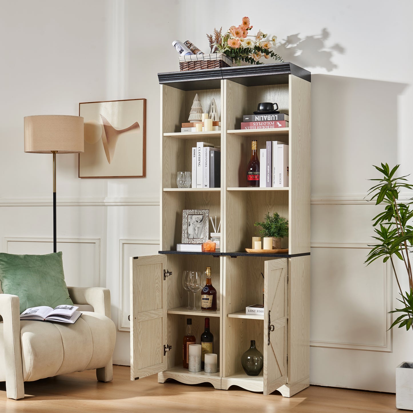 Farmhouse Tall Storage Cabinet with Adjustable Shelves, 3D Wood Grain Finish MDF Bookcase, Open Display Cubbies & Closed Barn Door Storage, Freely Combinable Bookshelf for Bedroom Living Room Office image 3