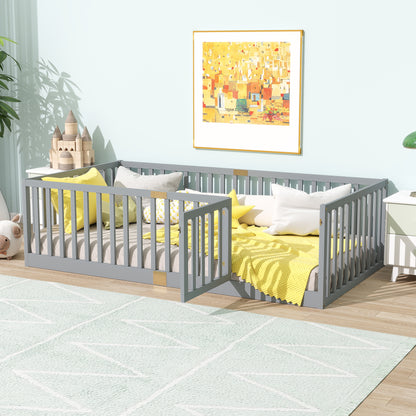 Twin Size Floor Bed with High Fence Railings, with Door, Rubber Wood Floor Bed with Safety Guardrails,Grey image 2