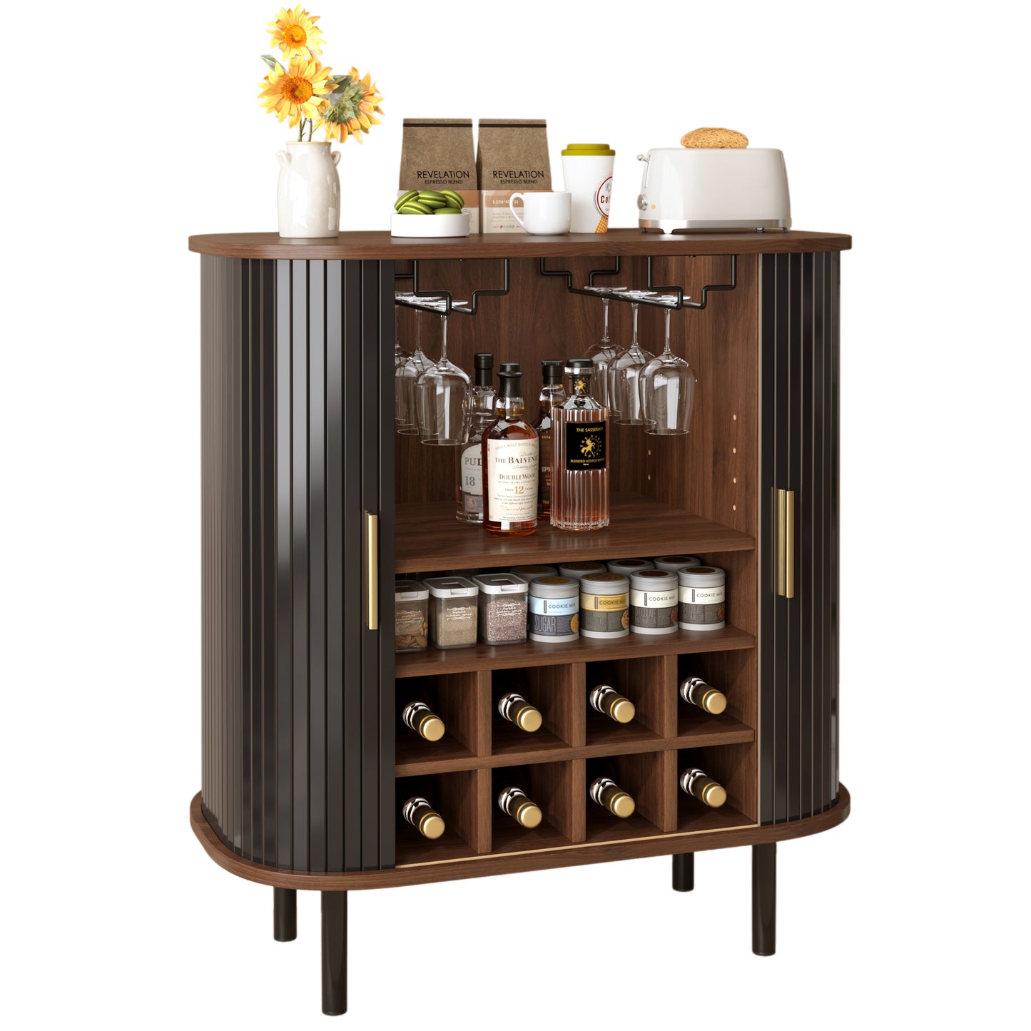 28" Fluted Wine Bar Cabinet with 8-Grid Wine Rack, 5-Level Adjustable Shelves, 2 Glass Holders, Smoothly Sliding Tambour Doors, 4 Hidden Storage Space on the Side, Modern Liquor Coffee Station, Black image 6