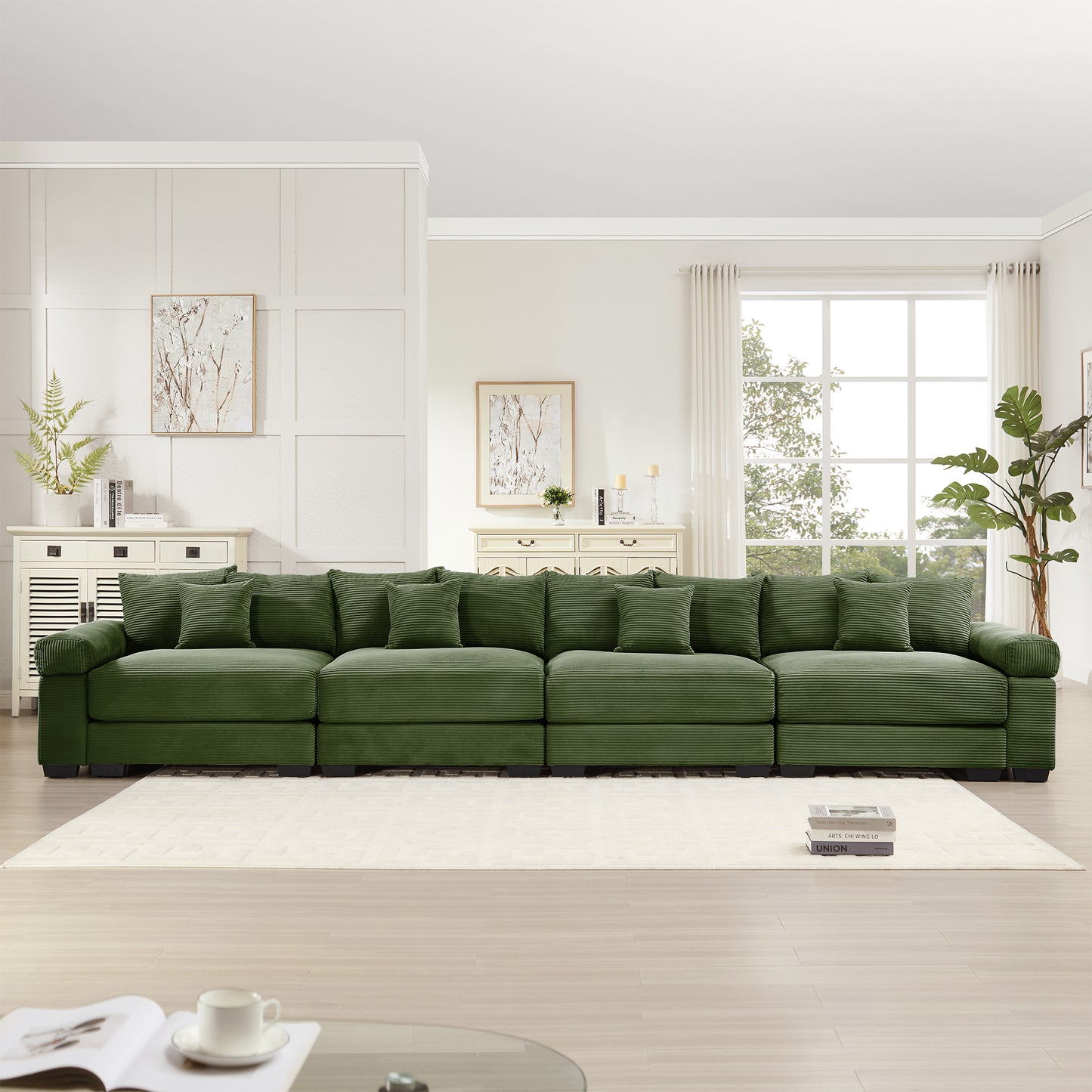 170" Oversized Cloud Modular Sectional Couch, Premium Corduroy 3-Seater Extra-Thick Armrests, Good Resilience Cushion,12 Throw Pillows, Ergonomic Design, Easy Assembly,For Living Rooms,Green image 3