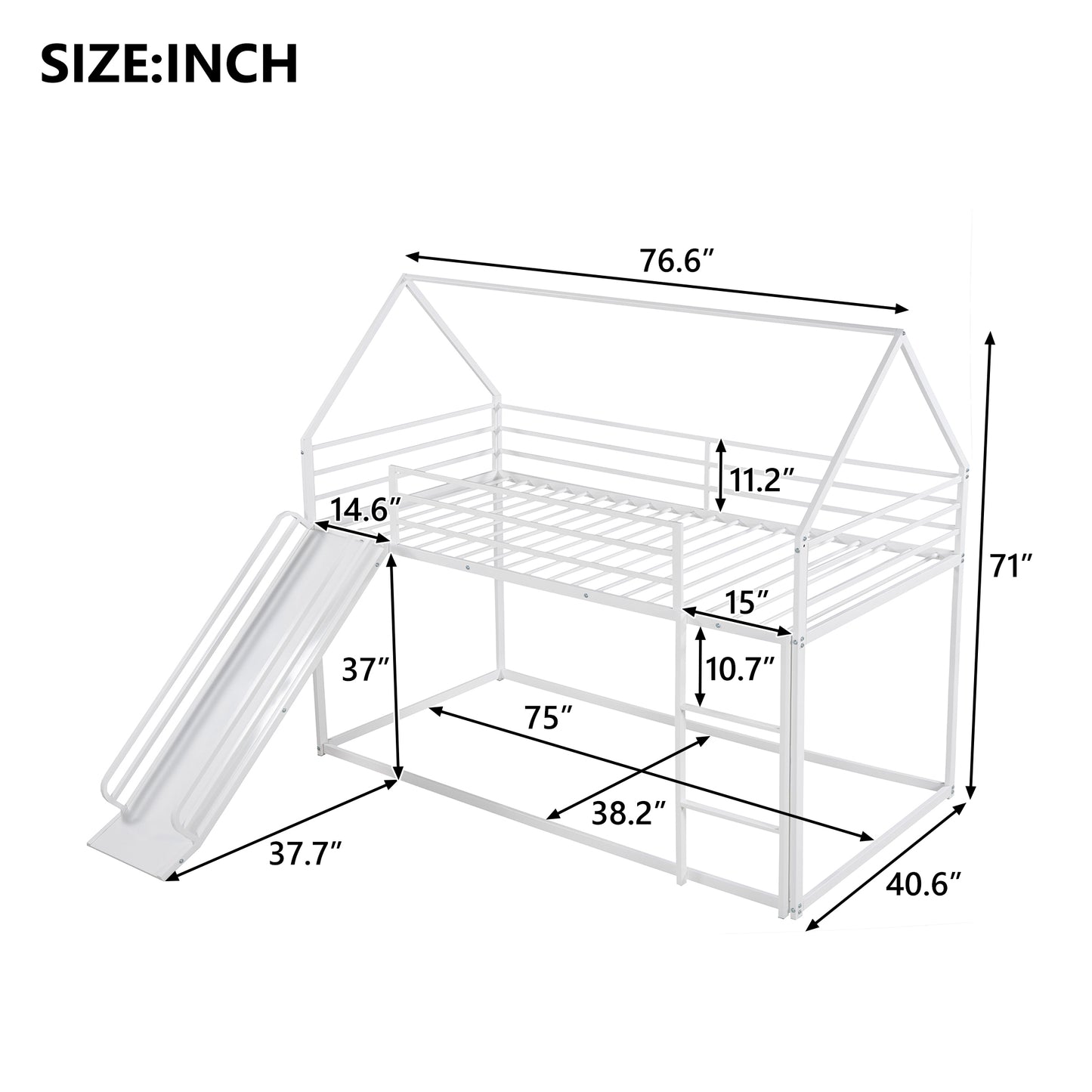 Twin over Twin House Bunk Bed with Ladder and Slide,White image 4