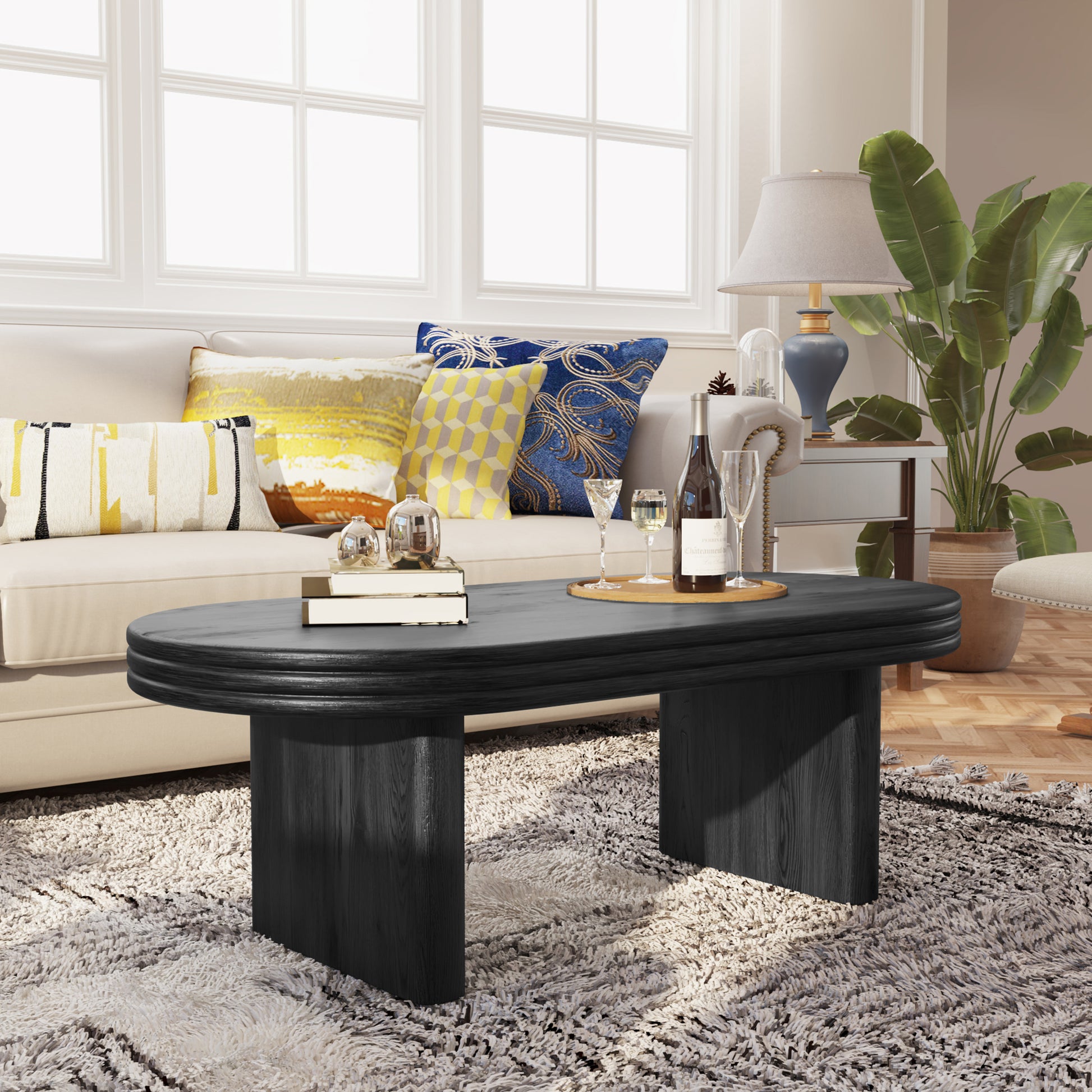 Mid Century Modern Oval Fluted Coffee Table, Farmhouse Wood Coffee Table, Cocktail Table, Center Table for Living Room, Office, Home Decor(Black, 23.62" D x 47.24" W x 16.34" H) image 10