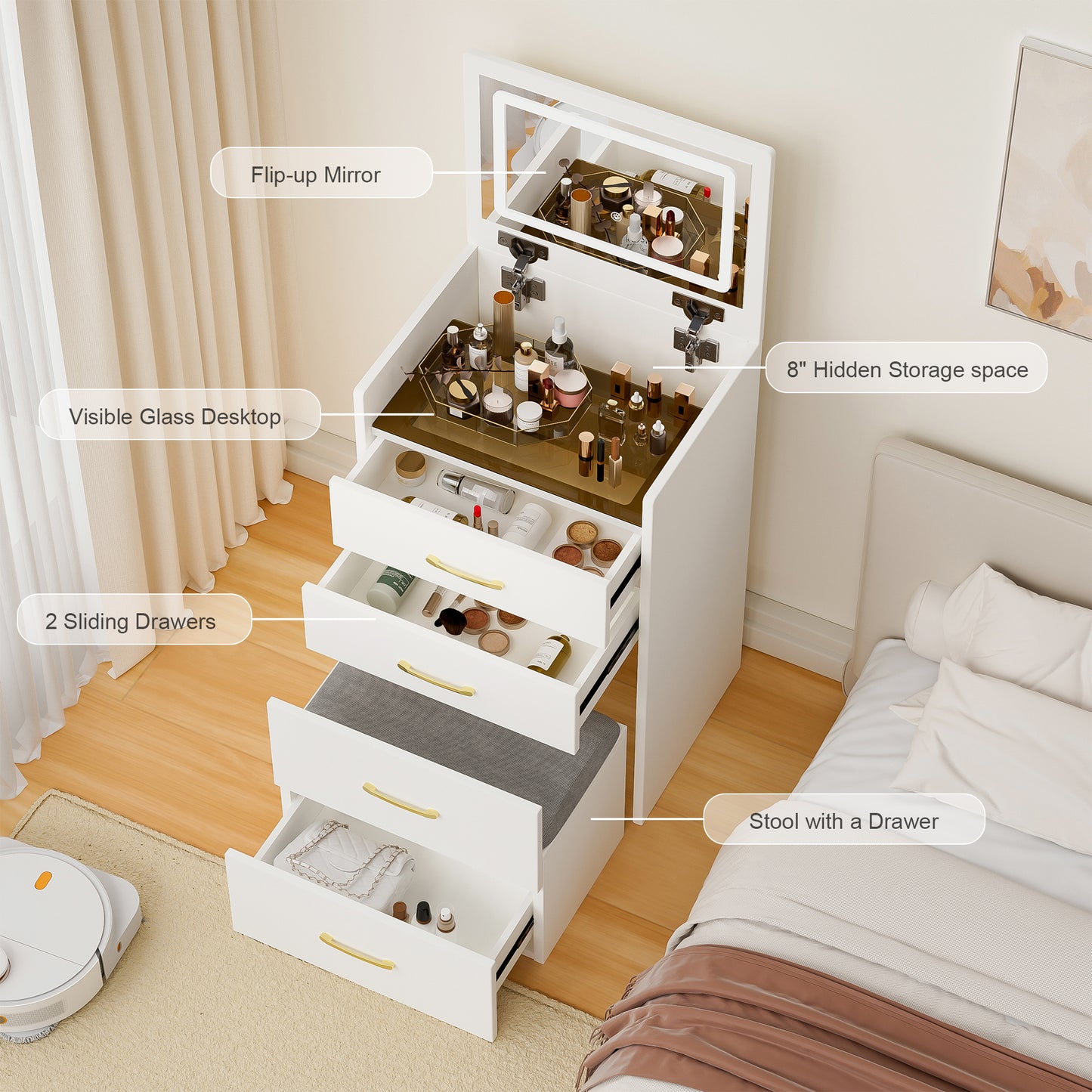 3 in 1 Vanity Desk with open Top Mirror,Small Make Up Vanity Set with Visible Glass Desktop,Compact Makeup Vanity with 3 Drawers,Dressing Table for Bedroom image 12