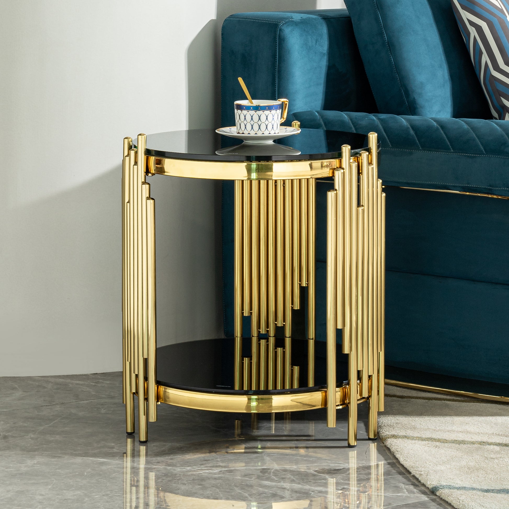 Luxury Round End Table with 2-Tier Black Tempered Glass Top and Gold Stainless Steel Frame, Modern Side Table for Living Room, Bedroom, Office, or Café image 1