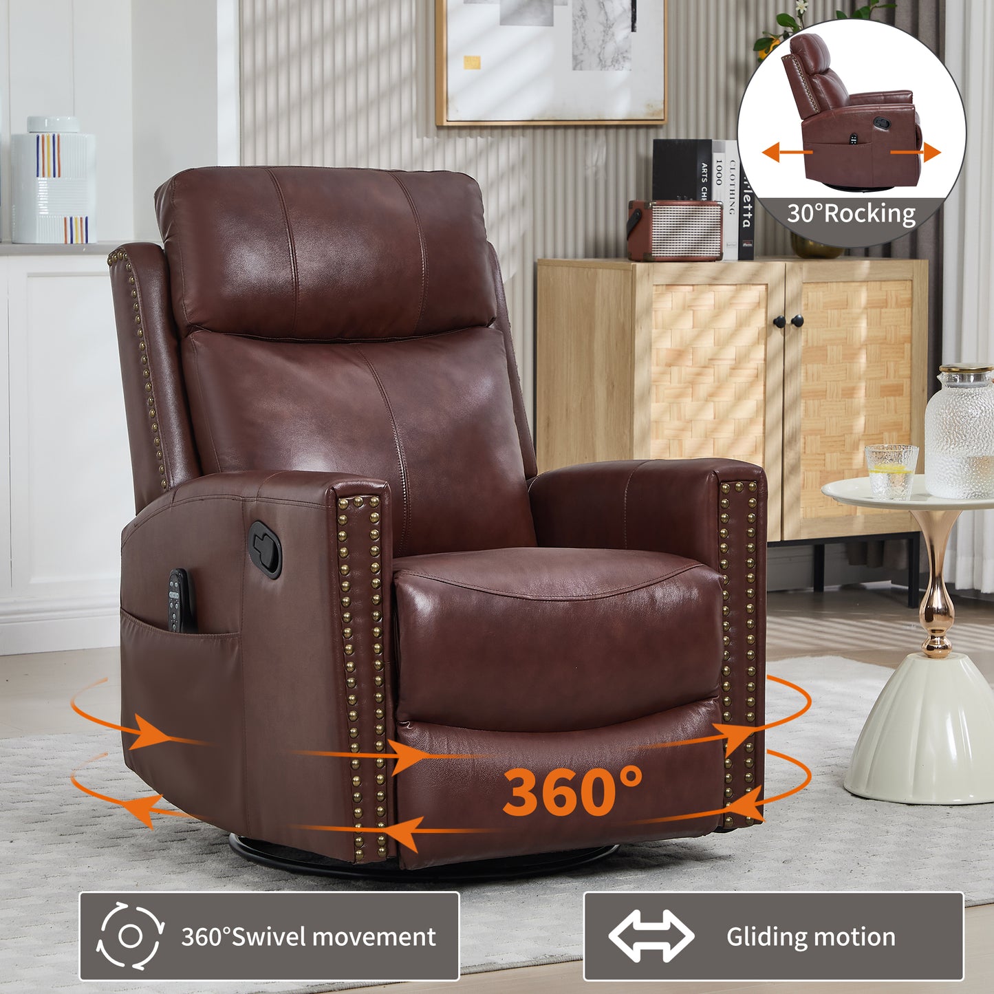 Wine Red Genuine Leather Heat Massage Manual Recliner Chair with Rocker and Swivel for Living Room image 4
