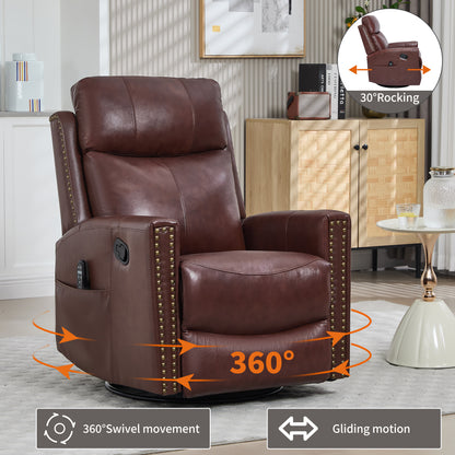 Wine Red Genuine Leather Heat Massage Manual Recliner Chair with Rocker and Swivel for Living Room image 4