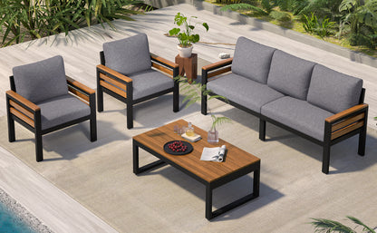 <Old SKU: N704G201246E> GO 4-Piece Outdoor Furniture Sofa Set for 5 People with Acacia Wood Armrests, Patio Conversation Set with Removable Cushion and Solid Wood Coffee Table for Garden, Grey image 8