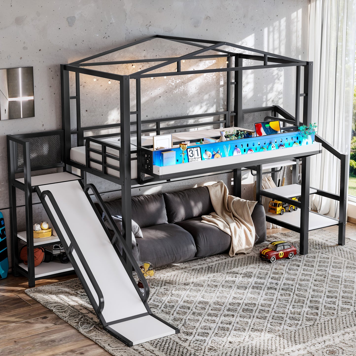 Twin Size Loft Bed with Storage Stairs, Shelves and Built-in Wardrobe, Metal Loft Bed Frame with USB Ports and LED Lights, Noise-reduced Design, Black image 5