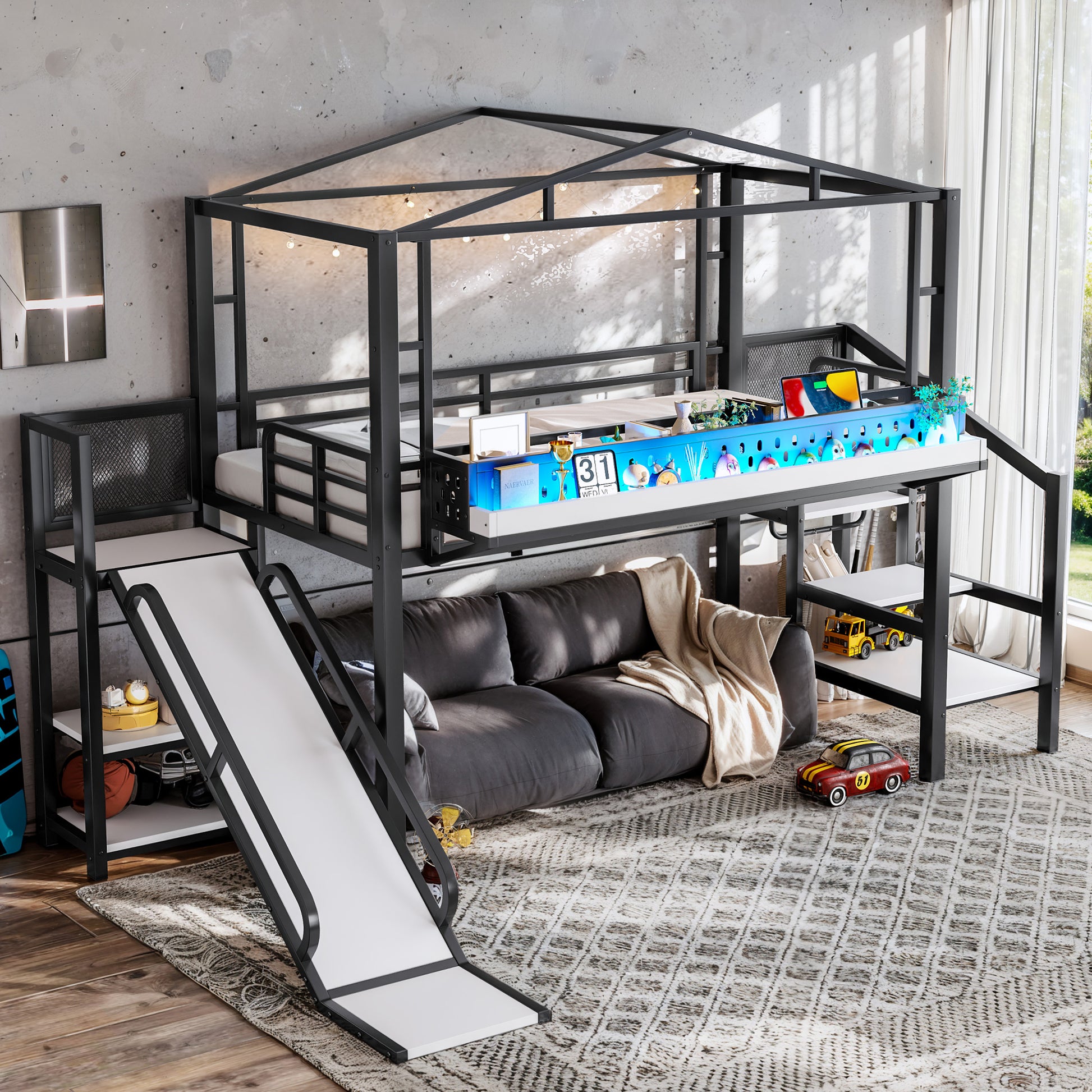 Twin Size Loft Bed with Storage Stairs, Shelves and Built-in Wardrobe, Metal Loft Bed Frame with USB Ports and LED Lights, Noise-reduced Design, Black image 5