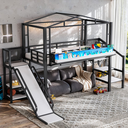 Twin Size Loft Bed with Storage Stairs, Shelves and Built-in Wardrobe, Metal Loft Bed Frame with USB Ports and LED Lights, Noise-reduced Design, Black image 5