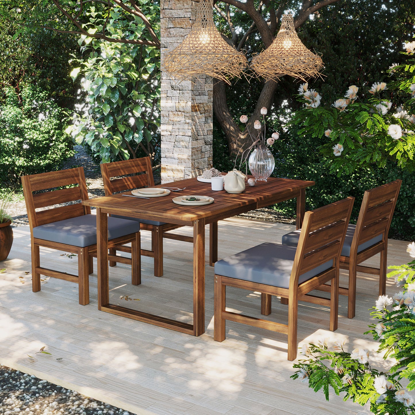 U_STYLE Farmhouse 5-Piece Outdoor Patio Dining Set with Adjustable Legs,Acacia Wood Dinning Set for 4,Suitable for Backyard, Garden, or Deck image 1