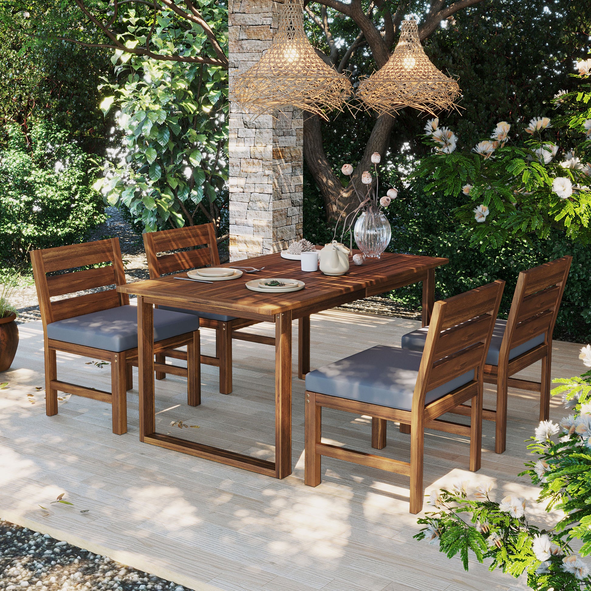U_STYLE Farmhouse 5-Piece Outdoor Patio Dining Set with Adjustable Legs,Acacia Wood Dinning Set for 4,Suitable for Backyard, Garden, or Deck image 1