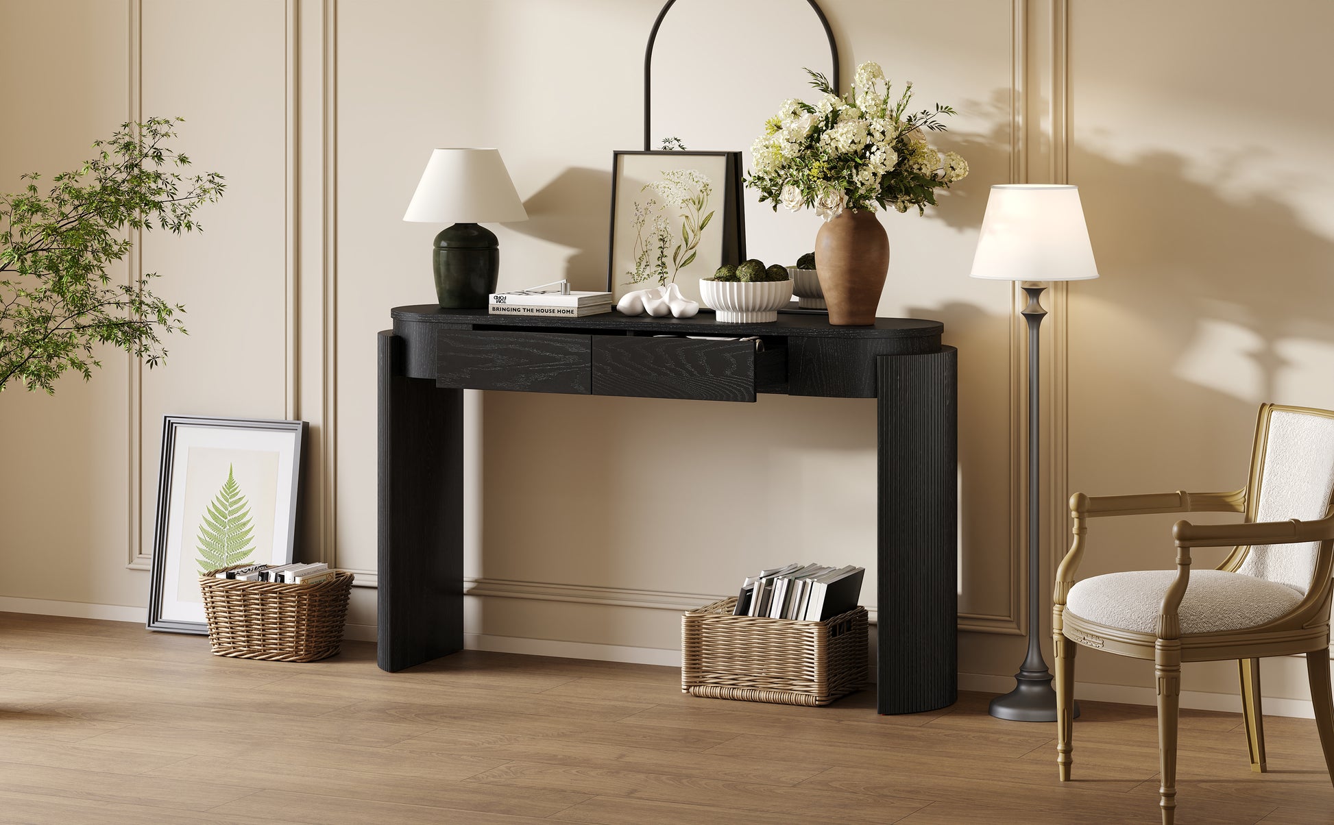 TREXM Entryway Table with Natural Wood Grain Finish, Console Table with Fluted Design, Oval Top and 2 Drawers for Entryway and Living Room (Black) image 6