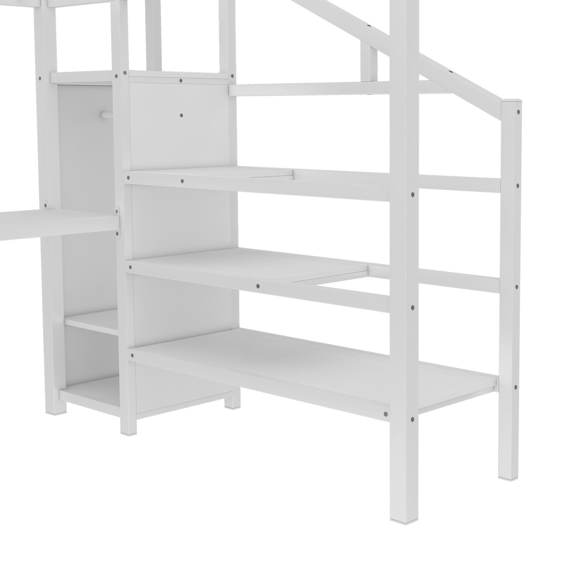 Queen Size Loft Bed with L-shaped Desk and USB, Metal Loft Bed with Wardrobe and Adjustable Shelf, High Loft Bed with LED for Kids Teens Adults, White image 11