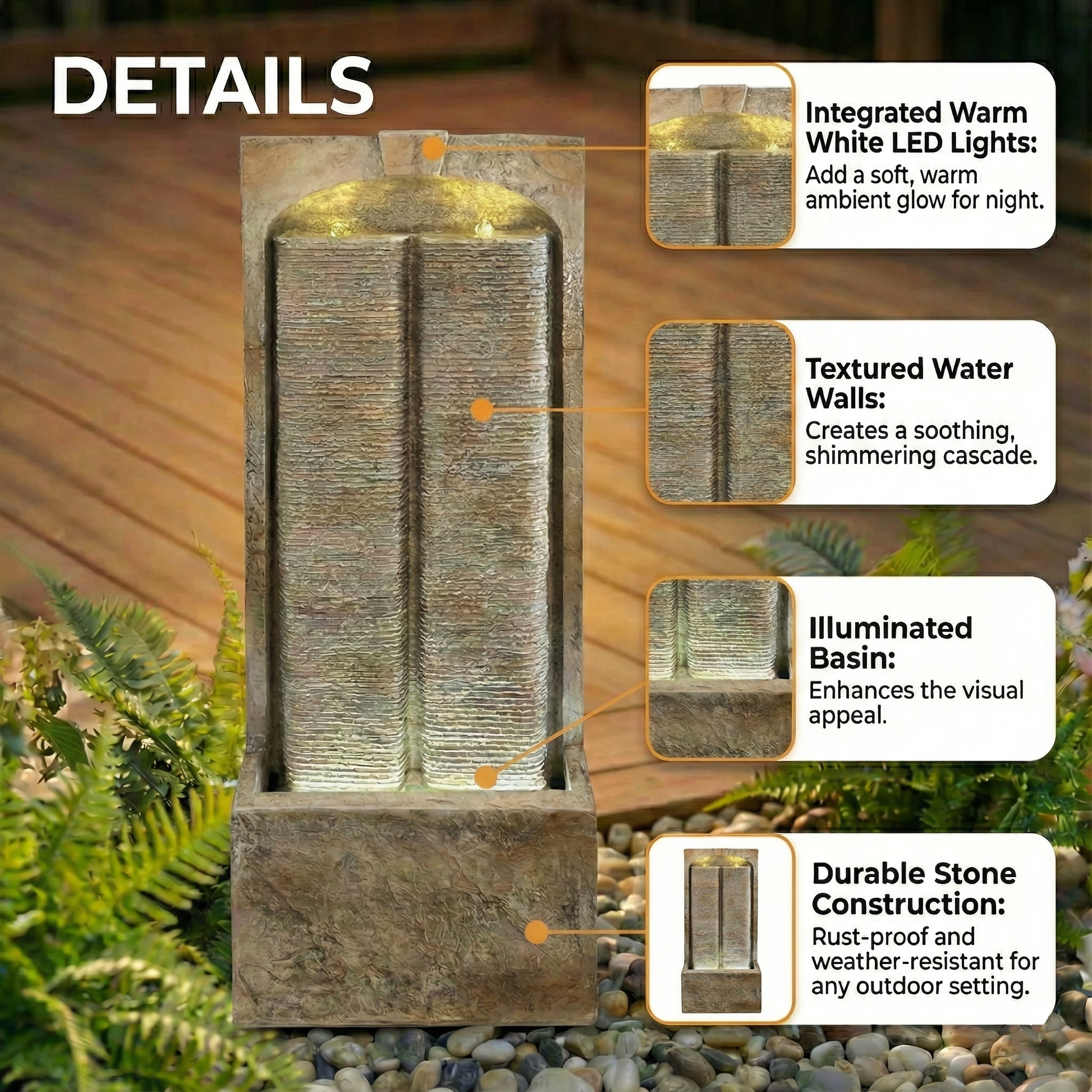 39 Inch Outdoor Water Fountain with Pump, Modern Cascading Freestanding Wall Fountain, Weather-Resistant Garden Water Feature with Warm White LED Lights, Outdoor Waterfall Fountain for Patio Porch Law image 6