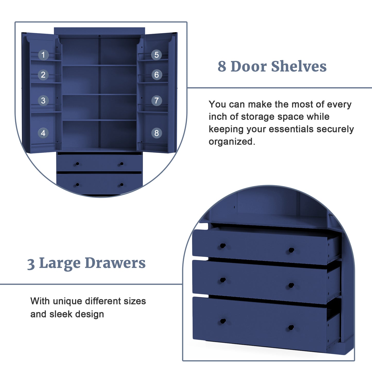 [Assembly Video Provided]TOPMAX 77inch Farmhouse Kitchen Pantry, Freestanding Tall Cupboard Storage Cabinet with 3 Adjustable Shelves, 8 Door Shelves, 3 Drawers for Kitchen, Dining Room, Blue image 5