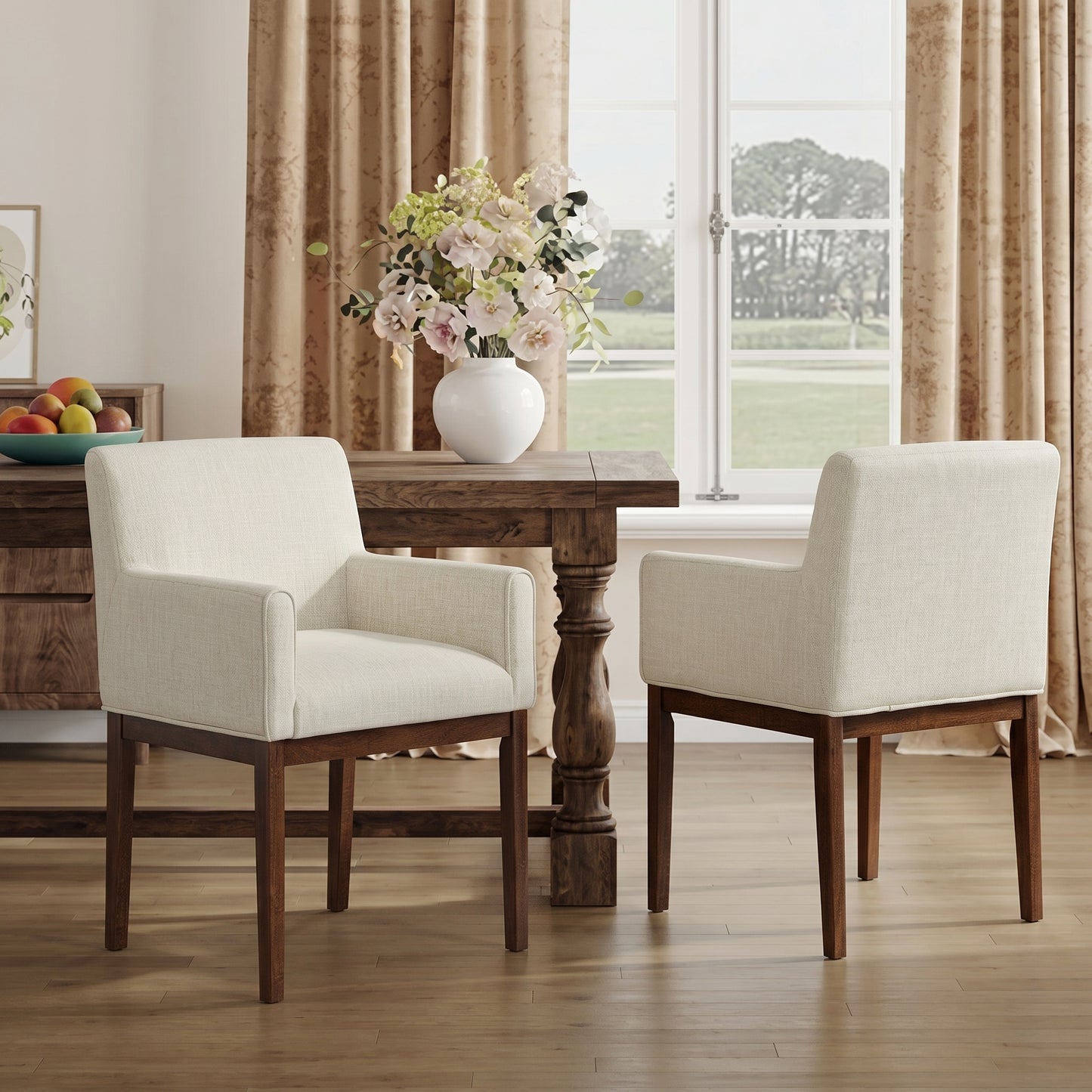 Modern Upholstered Dining Chair with Arms, Rubber Wood leg, Fabric & Foam Padded Seat for Kitchen, Dining Room, Living Room(Set of 2),Brown+Beige image 1