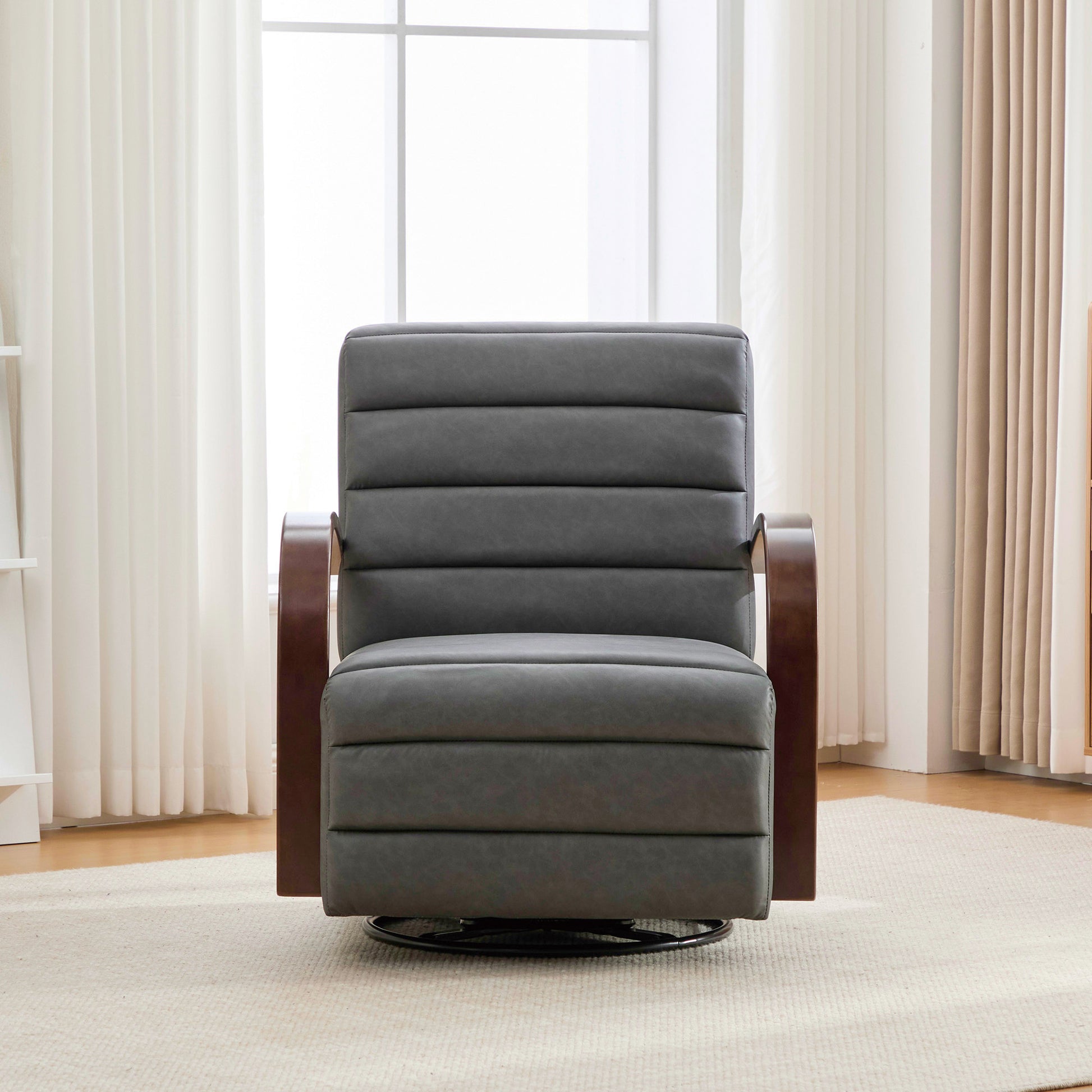 30.7"W Modern Upholstered 360° Swivel Accent Chair with Solid Wood Armrests and Comfy Channel Tufted Lounge Reading Chair, Single Sofa Armchair for Hotel Bedroom Living Room Office and Bedroom. Gray image 3