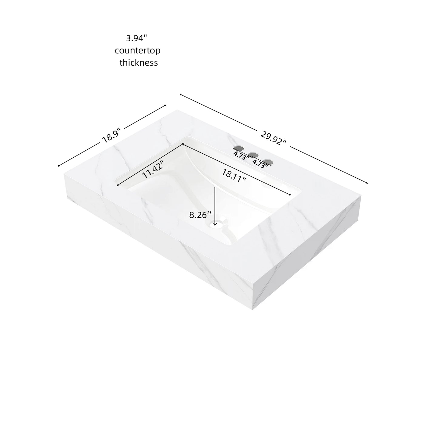 30" MURI Carrara White Sintered Stone Countertop and Undermount Ceramic Basin with Three Standard Pre-drilled Faucet Holes, NO Cabinet, NO Faucet and Sink Cover image 3