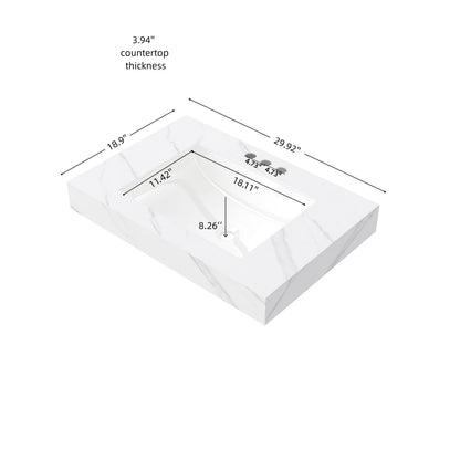30" MURI Carrara White Sintered Stone Countertop and Undermount Ceramic Basin with Three Standard Pre-drilled Faucet Holes, NO Cabinet, NO Faucet and Sink Cover image 3