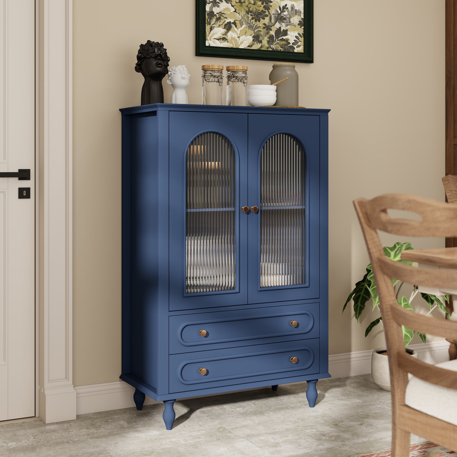 46.5'' Glass Display Cabinet with Ribbed Glass Doors,Wooden Curio Cabinet with 2 Drawers & Adjustable Shelf, Freestanding Buffet Cabinet Unit for Living Room Dining Room, Navy Blue image 5
