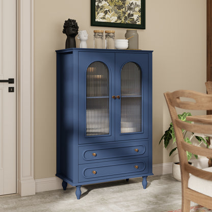 46.5'' Glass Display Cabinet with Ribbed Glass Doors,Wooden Curio Cabinet with 2 Drawers & Adjustable Shelf, Freestanding Buffet Cabinet Unit for Living Room Dining Room, Navy Blue image 5