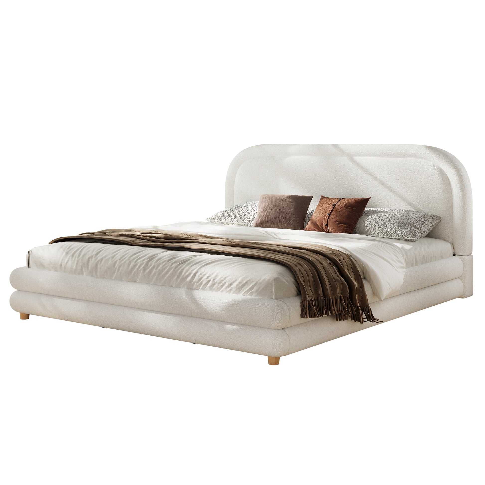 King Size Bed Frame With Boucle Upholstered Thick Curved Headboard, Solid Wood Legs, White image 5