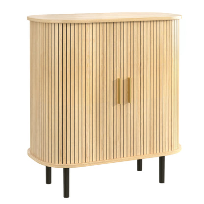 28" Fluted Wine Bar Cabinet with 8-Grid Wine Rack, 5-Level Adjustable Shelves, 2 Glass Holders, Smoothly Sliding Tambour Doors, 4 Hidden Storage Space on the Side,Modern Liquor Coffee Station, Natural image 12