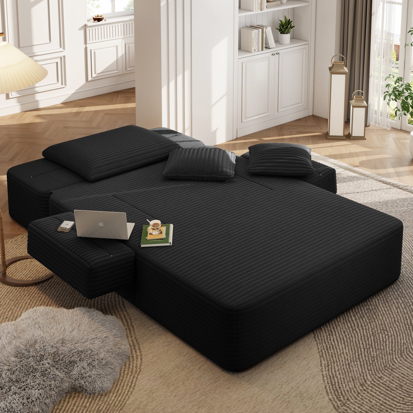Luxurious Plush Corduroy Chaise Lounge with 3 Pillows, Convertible Sofa Bed with Storage Pocket, Frameless Design & Compression Foam for Small Spaces, Living Room, Apartment,Black image 8