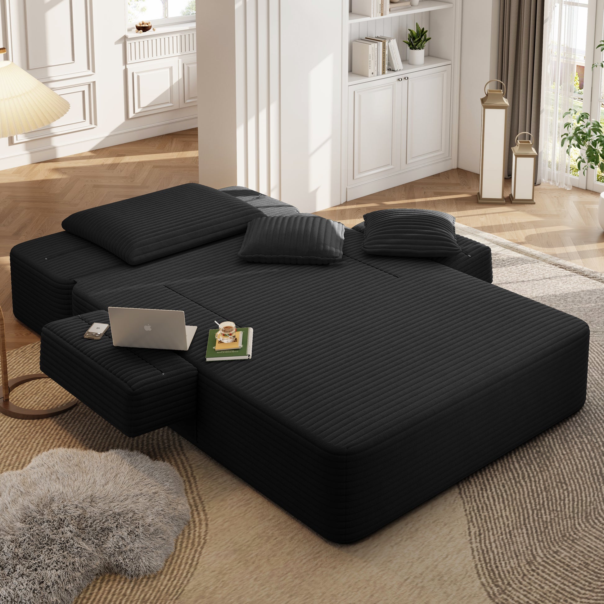Luxurious Plush Corduroy Chaise Lounge with 3 Pillows, Convertible Sofa Bed with Storage Pocket, Frameless Design & Compression Foam for Small Spaces, Living Room, Apartment,Black image 8