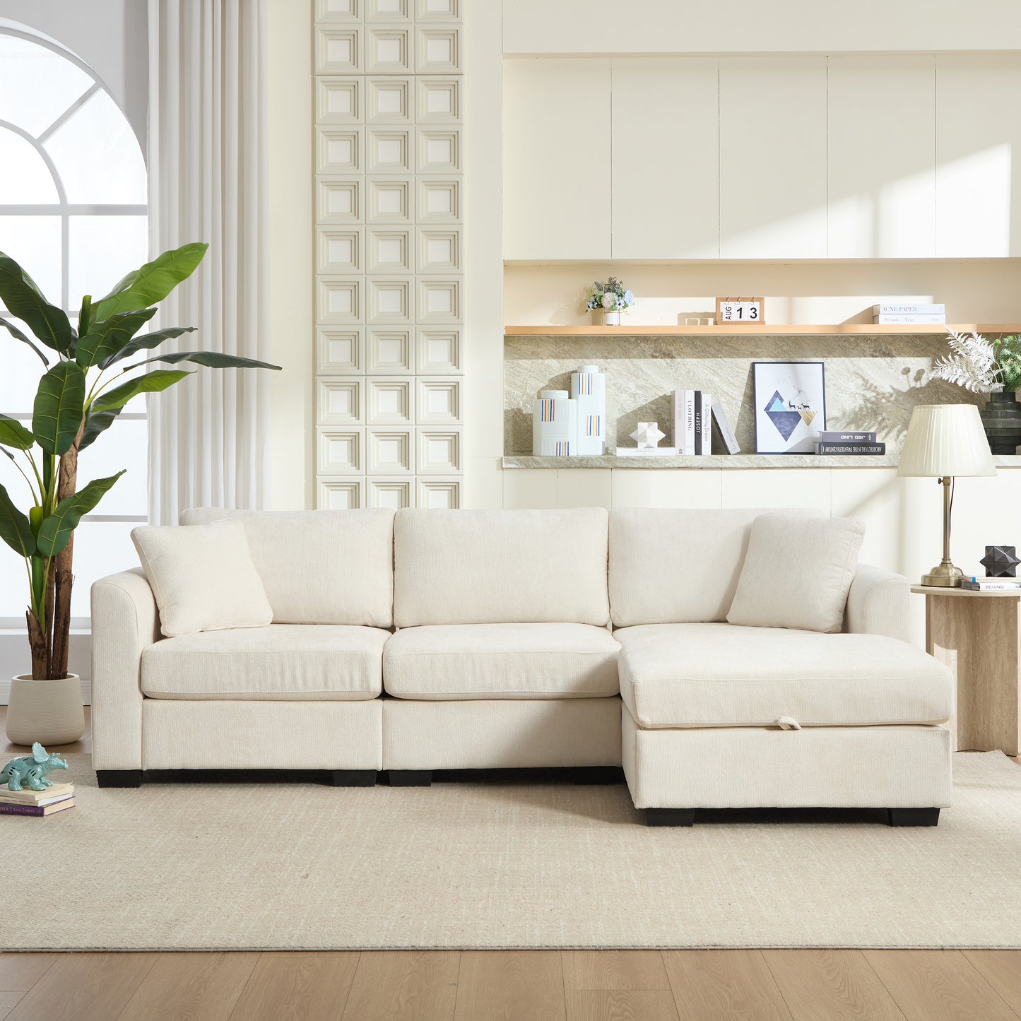 Modern Storage Sofa with Dual USB, 2 Side Pockets,Ottoman Storage Bench Cloud Sectional Chenille Sofa Oversized,4-Seat, L-Shaped Couch,Beige image 2