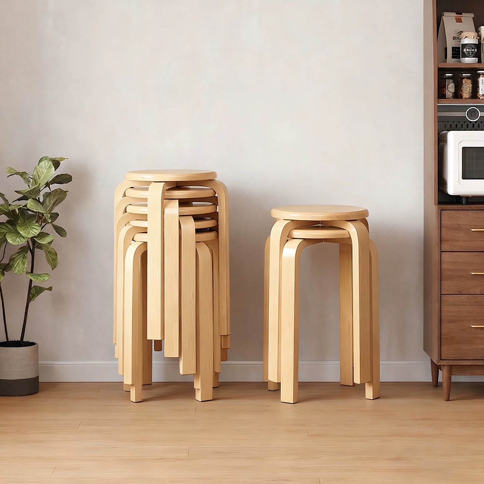 Stackable Bentwood Stool Set of 4, 18" Round Stacking Backless Nesting Stools, Anti-Slip Felt Pad,School Chairs, Suitable for classrooms, Dining Rooms, Kitchens, Natural image 6