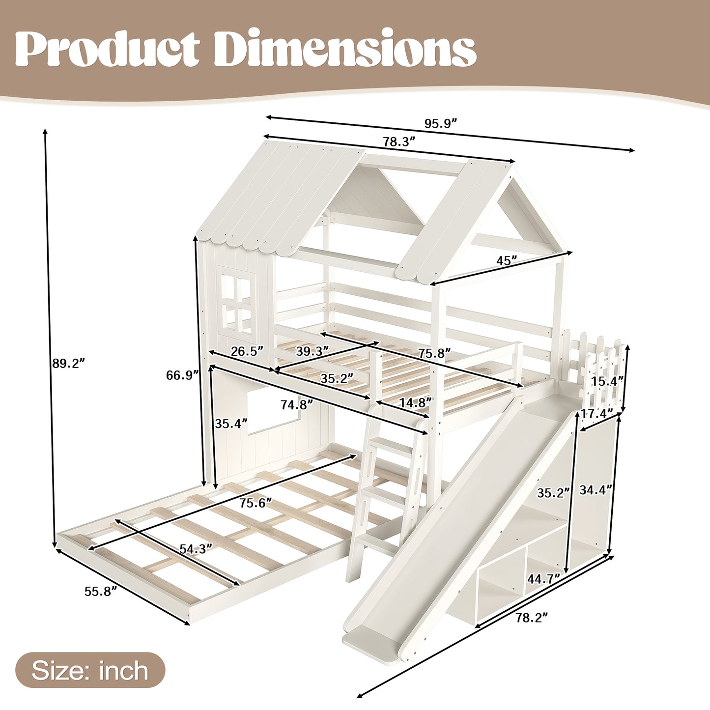 Twin over Full House Bunk Bed with Ladders and Slides, House Floor Bunk Bed with Storage Shelves and Wardrobe, Playhouse Design,Beige image 10