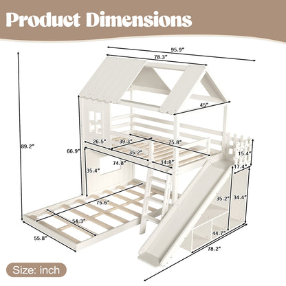 Twin over Full House Bunk Bed with Ladders and Slides, House Floor Bunk Bed with Storage Shelves and Wardrobe, Playhouse Design,Beige image 10