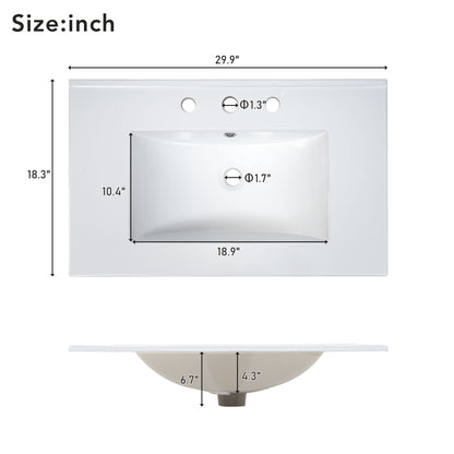 29.9-inch Traditional Bathroom Vanity with Ceramic Sink, Solid Wood Legs, MDF U-Shaped Adjustable Shelf, Soft-Close Doors, and Space-Saving Storage image 11