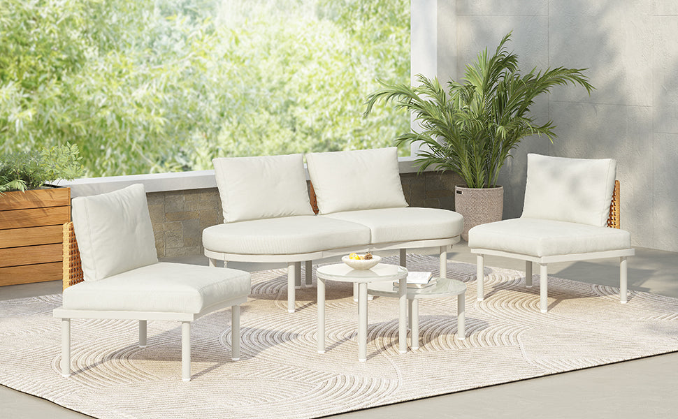TOPMAX 6-Piece Patio Sofa Furniture Set, Half Moon Outdoor Sectional Sofa with 2 High-Low Coffee Tables, PE Wicker Rattan, Tempered Glass, 4 Pillows & Cushions, for Backyard, Garden, Poolside,Beige image 4