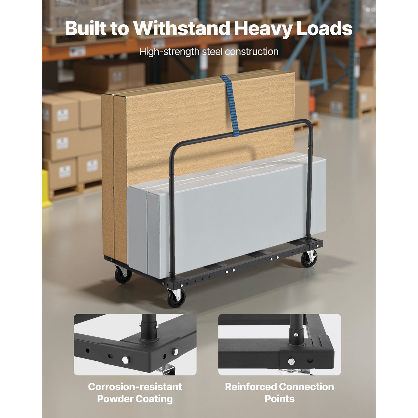 Drywall Cart Dolly, 1800 lbs Load Capacity, Steel Panel Truck Cart with 5 inch Swivel Casters, Lumber Drywall Dolly with Tie-Down Strap & 2 Side Handrails for Factory, Warehouse, Garage, Black image 2