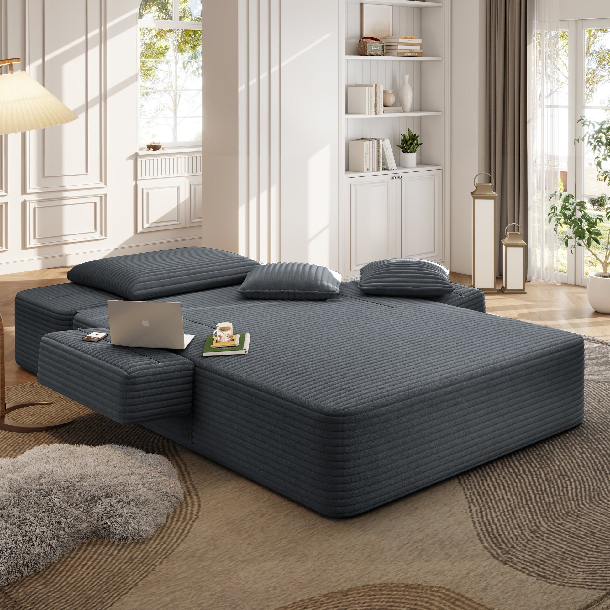Luxurious Plush Corduroy Chaise Lounge with 3 Pillows, Convertible Sofa Bed with Storage Pocket, Frameless Design & Compression Foam for Small Spaces, Living Room, Apartment,Dark Gray image 8