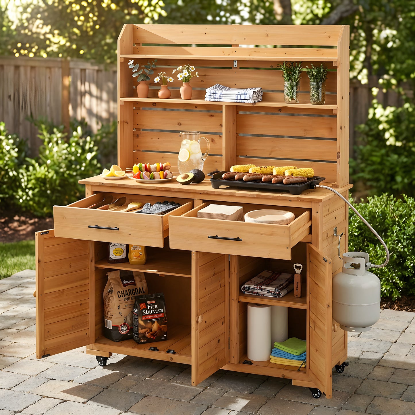 Assembly Video-TOPMAX 65''H Large Garden Potting Bench with Lockable Wheel and Storage Cabinet, Wood Outdoor Kitchen Island Prep Cart with Hutch Top, Drawers and Removal Shelves for Grilling, Natural image 1