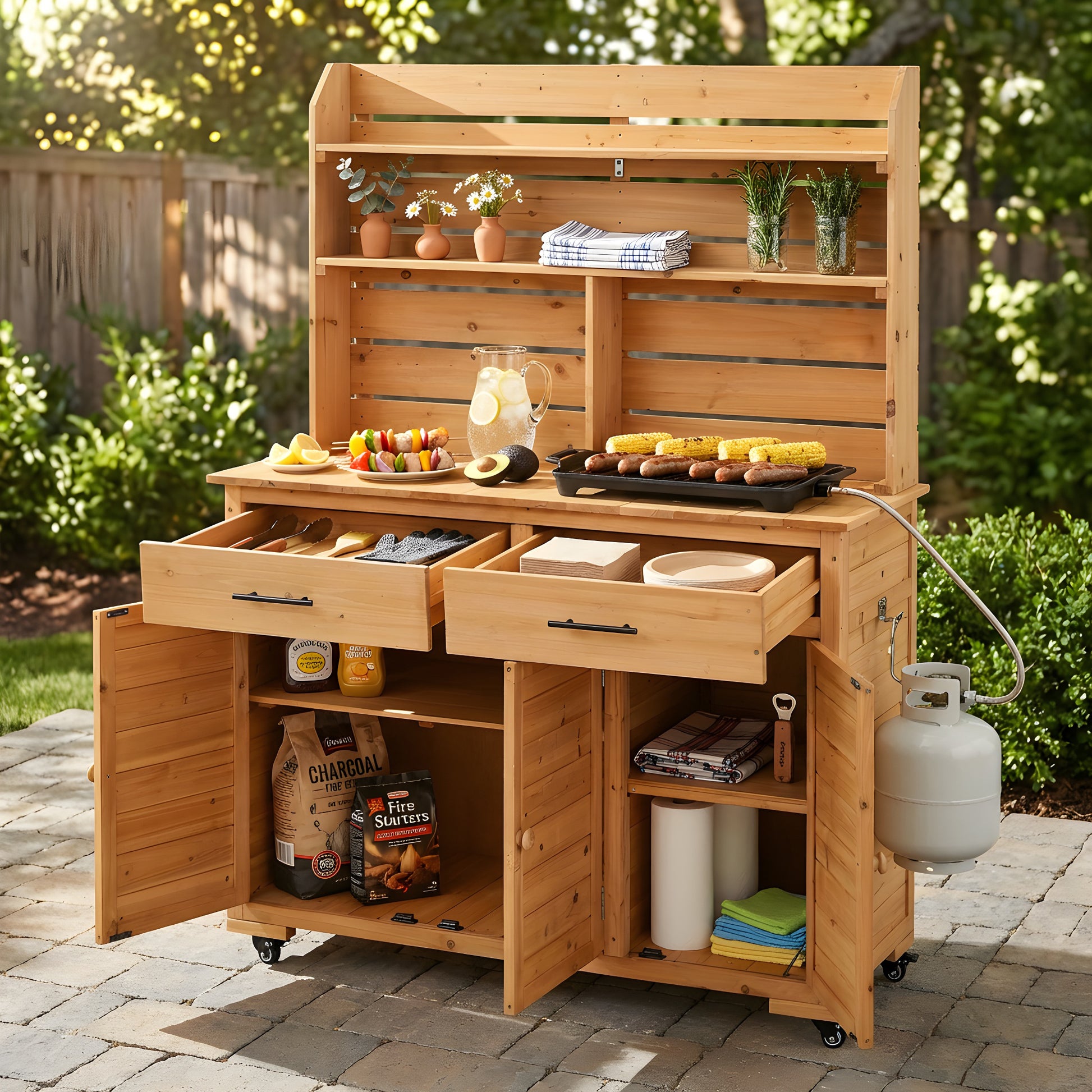 Assembly Video-TOPMAX 65''H Large Garden Potting Bench with Lockable Wheel and Storage Cabinet, Wood Outdoor Kitchen Island Prep Cart with Hutch Top, Drawers and Removal Shelves for Grilling, Natural image 1