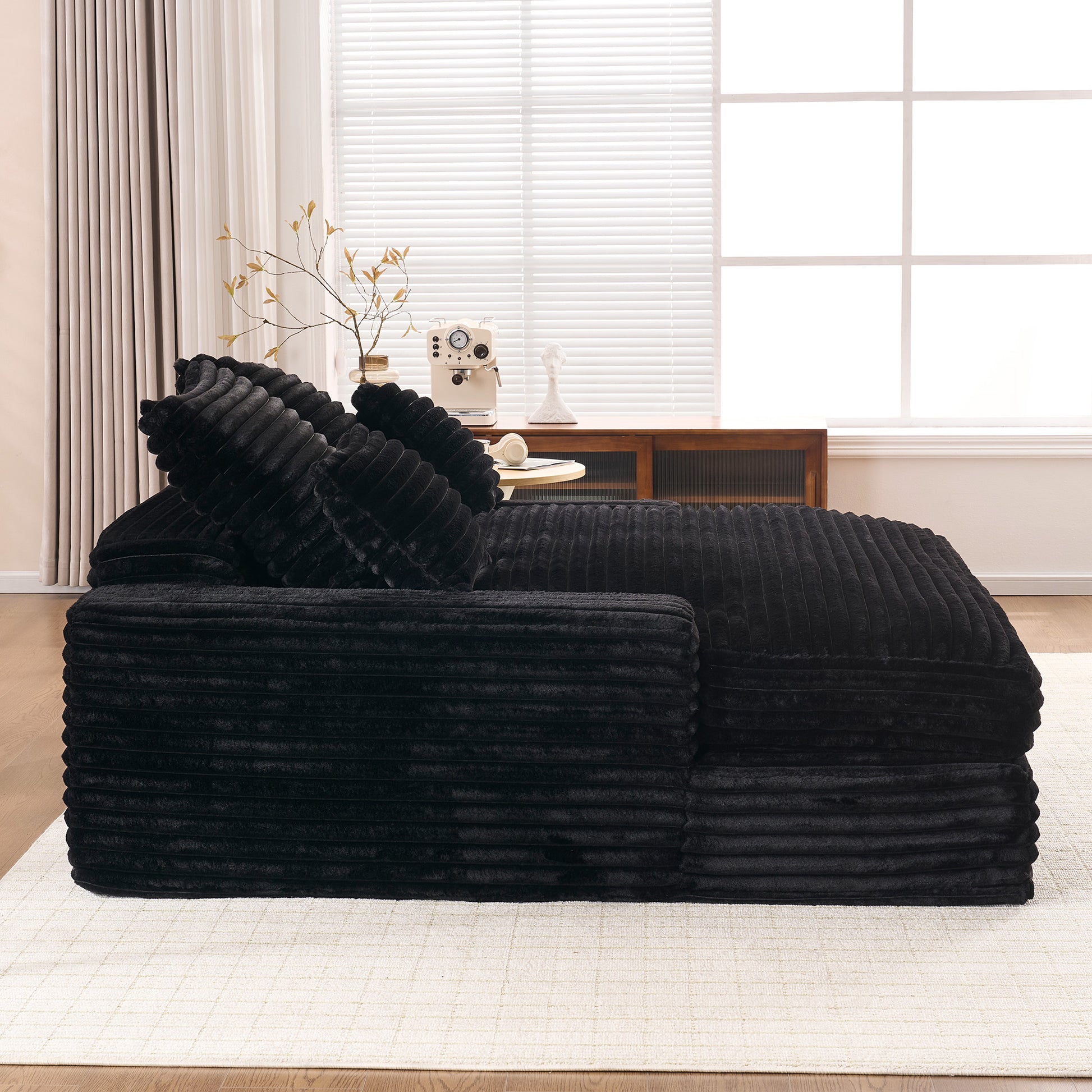 028DR-Oversized chaise Lounge chair, Upholstered Sleeper Sofa Bed with 4 Throw Pillows and Armrests, Corduroy Fabric Plush Lounge Chair Bed for Living Room, Apartment & Small Spaces, Black image 4