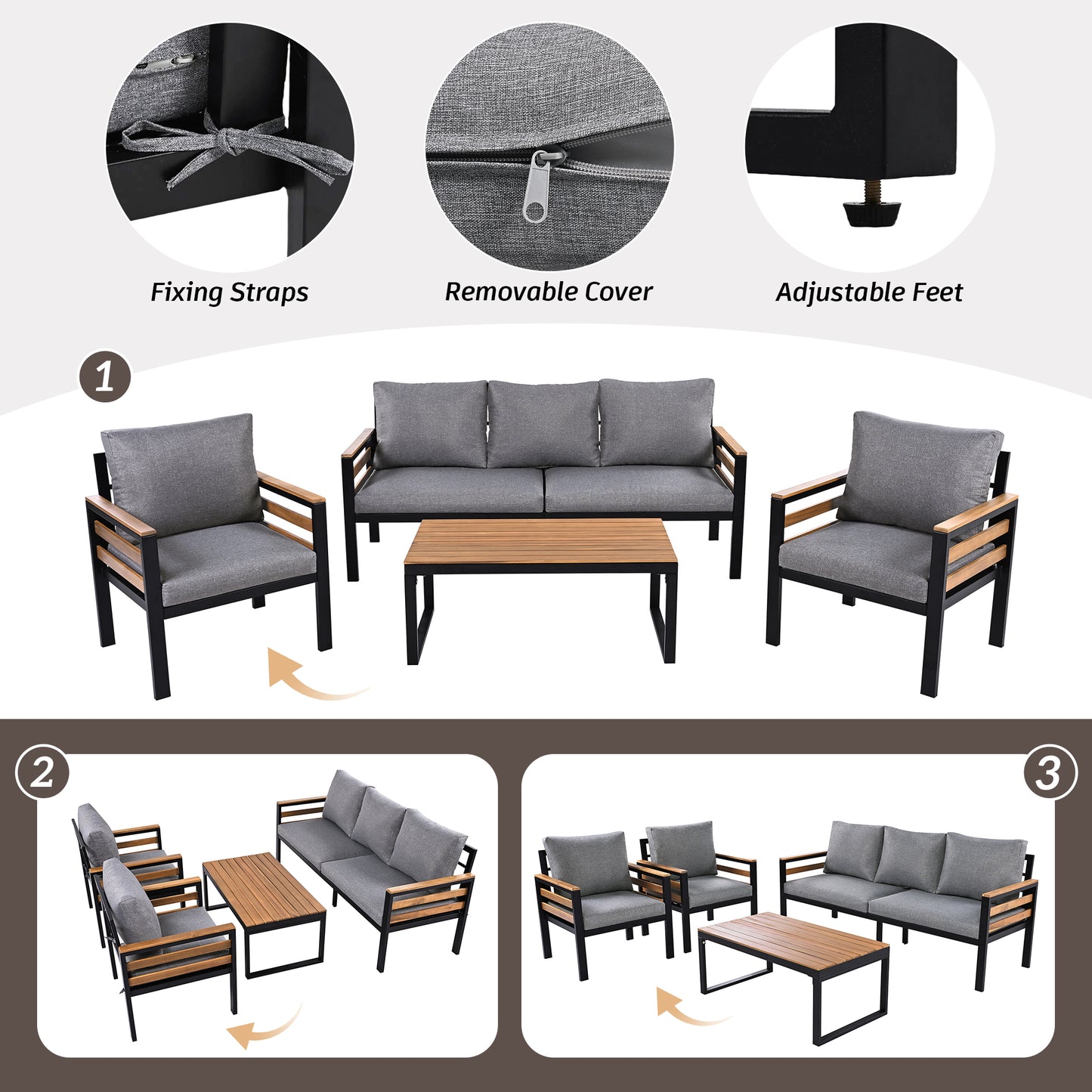 <Old SKU: N704G201246E> GO 4-Piece Outdoor Furniture Sofa Set for 5 People with Acacia Wood Armrests, Patio Conversation Set with Removable Cushion and Solid Wood Coffee Table for Garden, Grey image 4