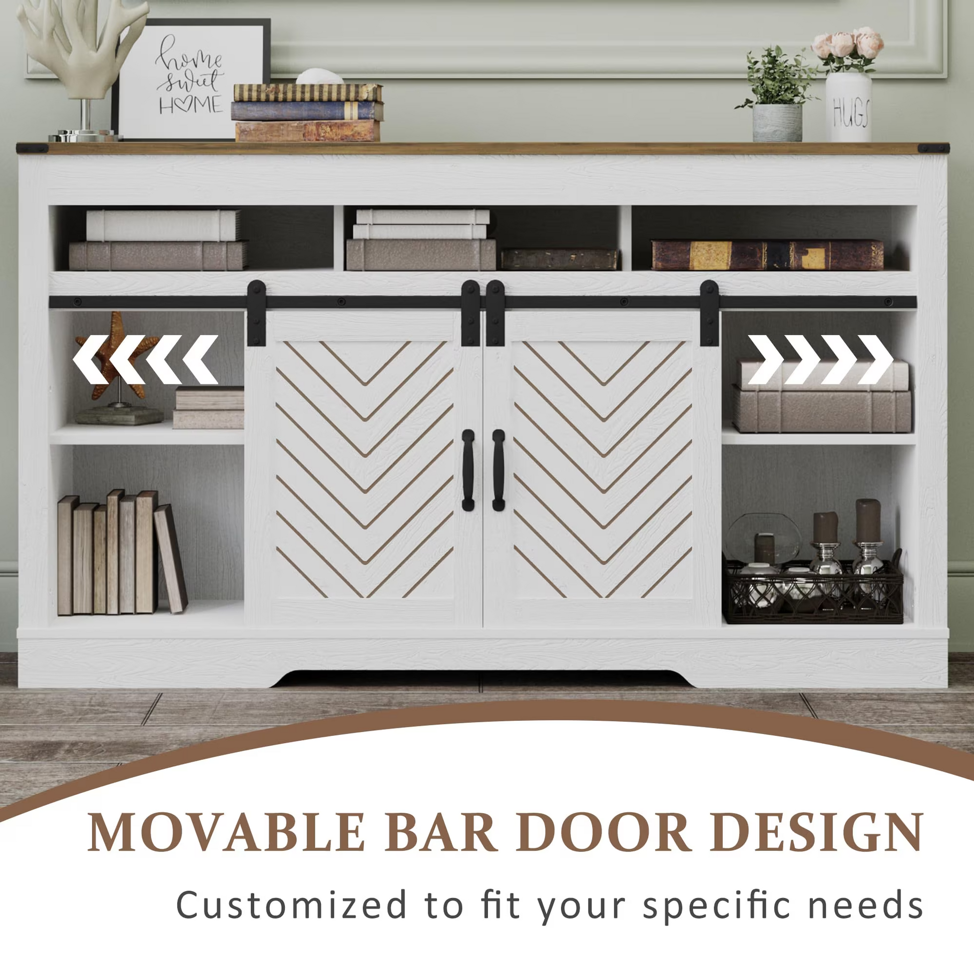 Farmhouse TV Stand for 65+ Inch TV, Tall Entertainment Center with Sliding Barn Doors, Rustic Wood Storage Cabinet Television Media Console for Living Room, Bedroom (Wood-Tone and White) image 7