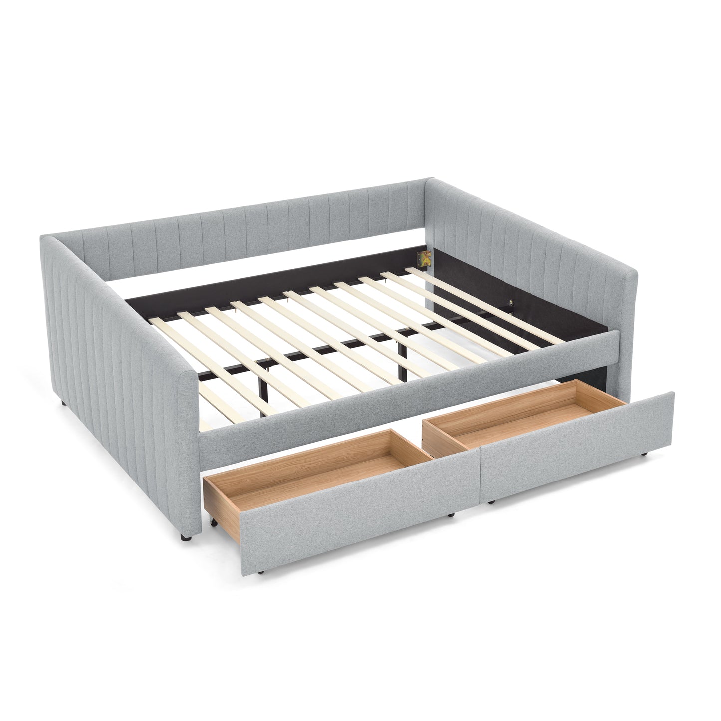 Queen Size Daybed with Two Drawers Trundle Upholstered Sofa Bed, with Vertical Stripes Linen Fabric, Grey (86.5"x65"x30") image 11