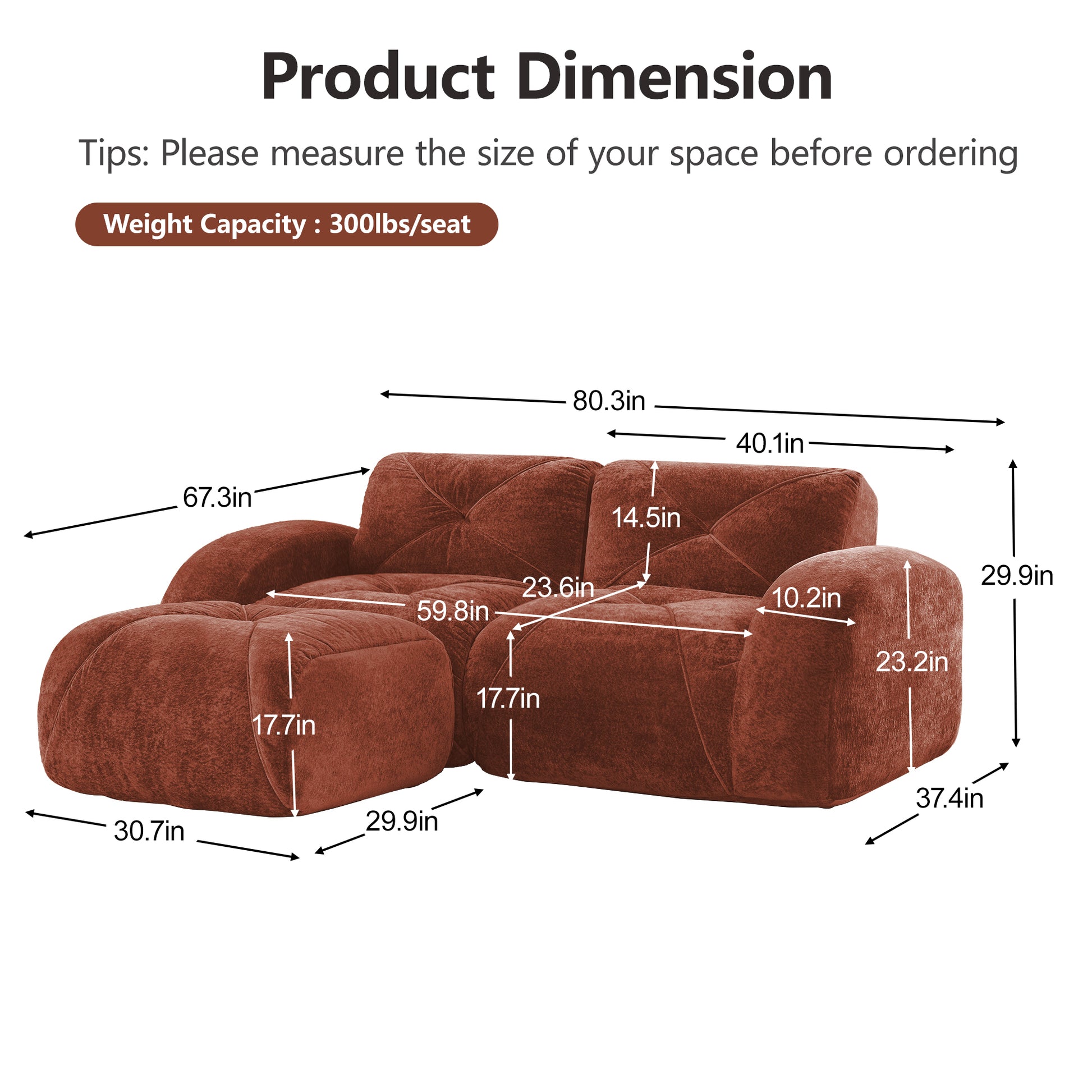 L-shaped Boneless Sofa,Soft Velvet Fabric,Tufted Design,32D High Density Sponge,No Assembly Required,Ergonomic Design,Bottom Anti-Slip Design,Movable Ottoman For Bedrooms,Red Brown image 4