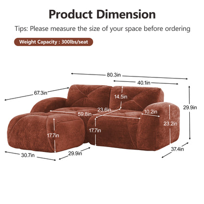 L-shaped Boneless Sofa,Soft Velvet Fabric,Tufted Design,32D High Density Sponge,No Assembly Required,Ergonomic Design,Bottom Anti-Slip Design,Movable Ottoman For Bedrooms,Red Brown image 4