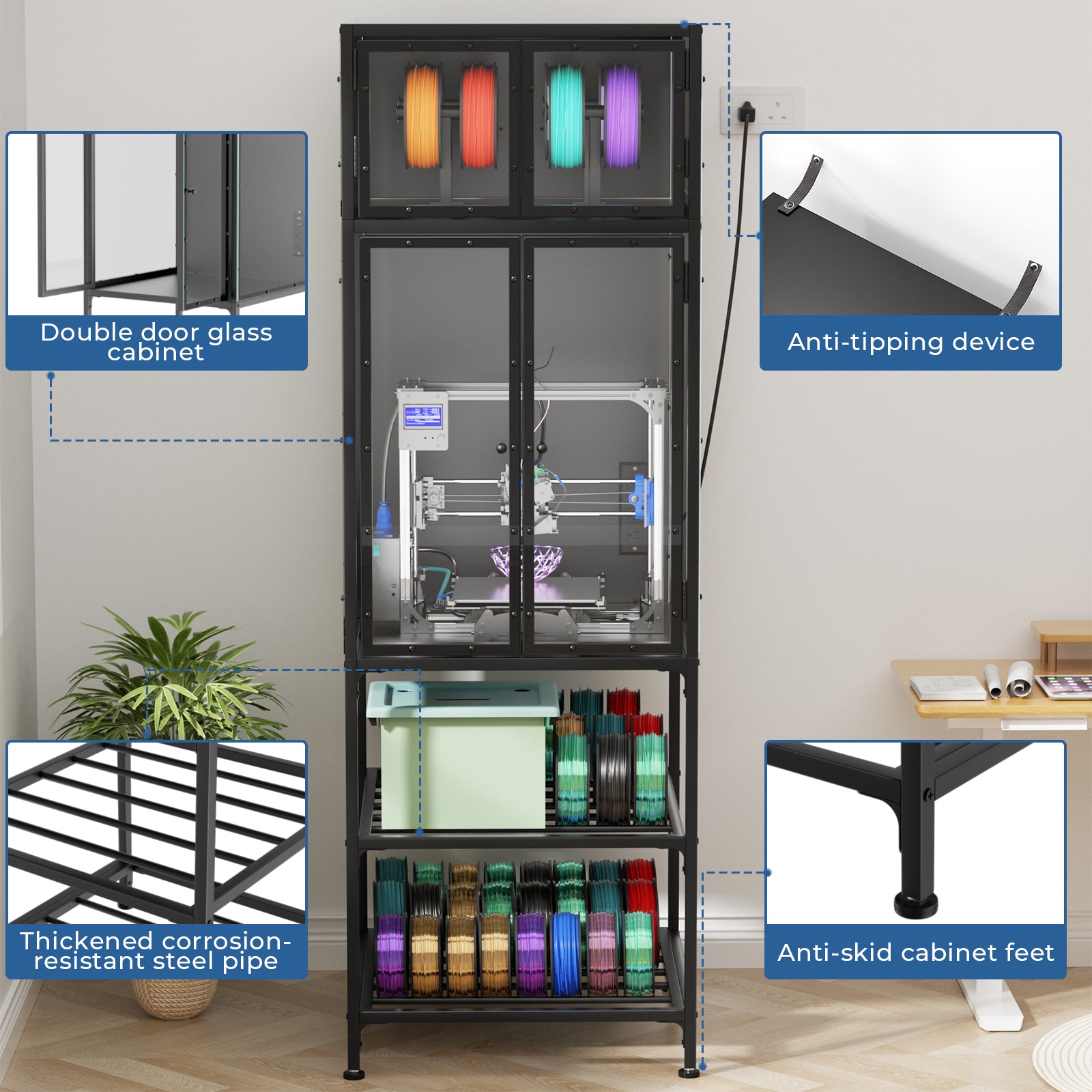 3D Printer Cabinet with Double Layer 3D Printer Filament Storage Rack, T-Shaped Filament Bar & Noise-Reducing, Dust-Proof Design, Suitable for Studio, Office Storage and Organization image 5