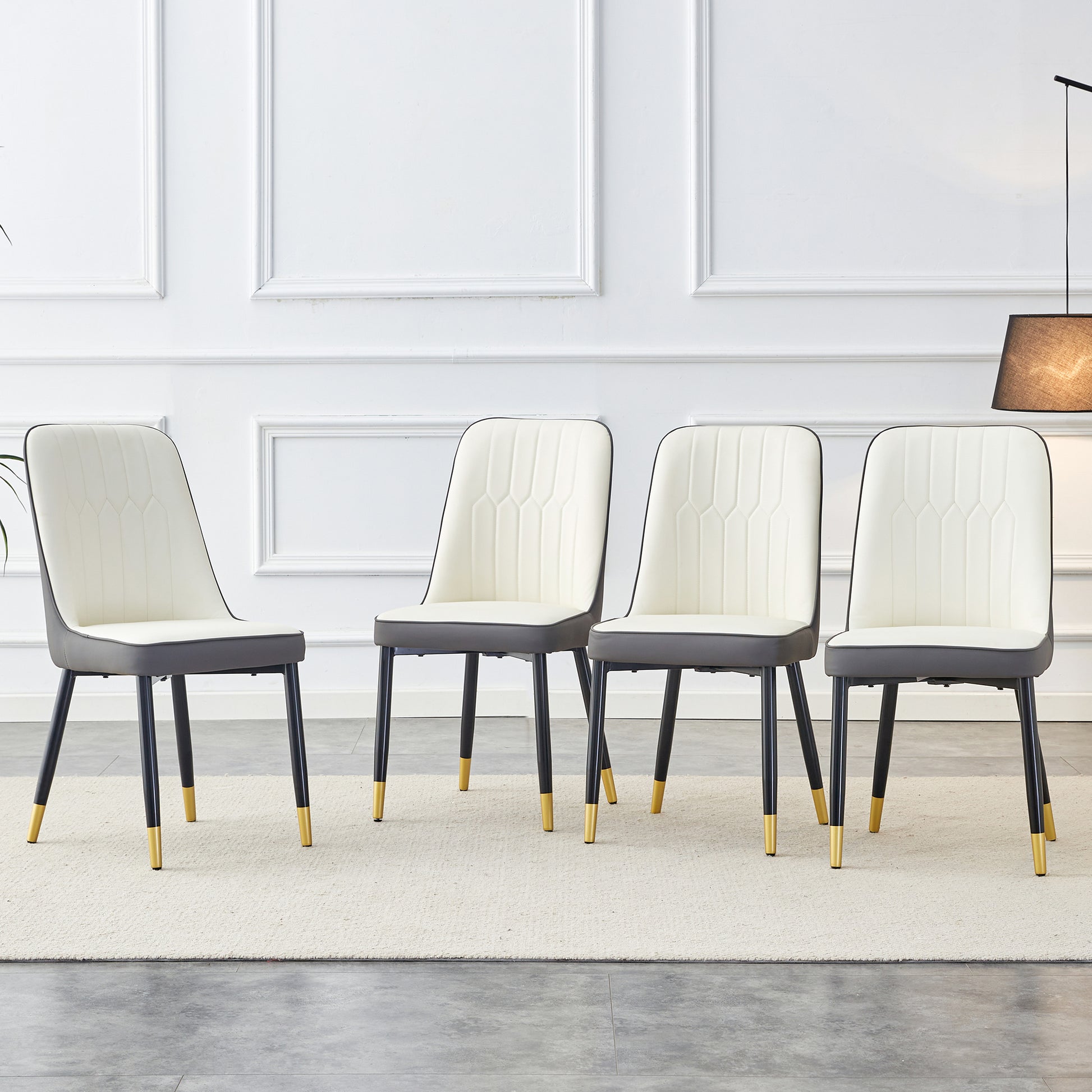 A modern dining chair with a white dark gray dual tone PU leather backrest and black metal legs, suitable for kitchens, bedrooms, and offices. A set of 4 pieces (white+dark gray+PU)C-007 image 1