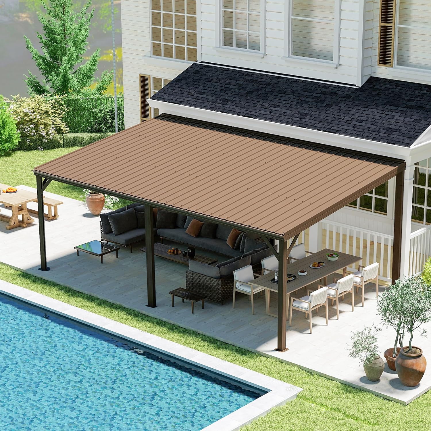 12x20FT Lean to Gazebo, Outdoor Hardtop Wall Mounted Gazebo with Sloping Galvanized Steel Roof, Upgraded Heavy Duty Mounted Shelter with Drainage System for Deck, Porch, Backyard,Brown image 9