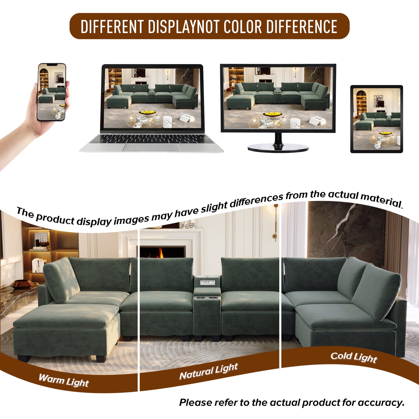 121.2" Modular U-Shaped Cloud Sectional Sofa with Movable Ottoman, Chenille Convertible Sofa Bed with Hidden Storage & USB Ports & Cup Holders & Bluetooth Speaker for Living Room, Apartments, Green image 12